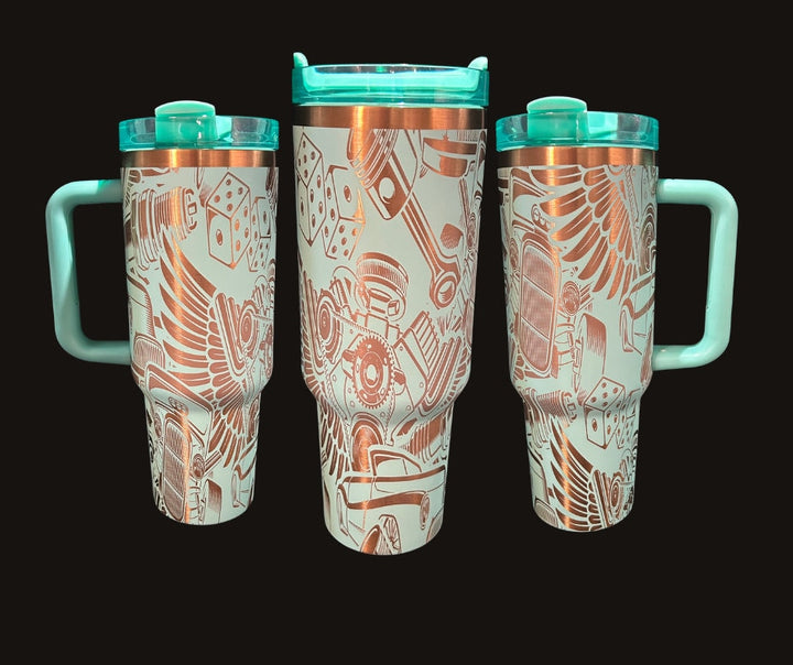 40oz Custom Teal and Copper classic car/parts Tumbler, Laser engraved, Double-walled Tumbler, Stainless Steel Tumbler, Tumbler with Straw