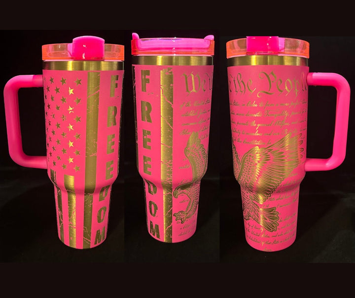 40oz Custom Pink and Copper Freedom American Flag Laser Engraved Tumbler, Stainless Steel Tumbler, Tumbler with Straw, Vacuum Insulated