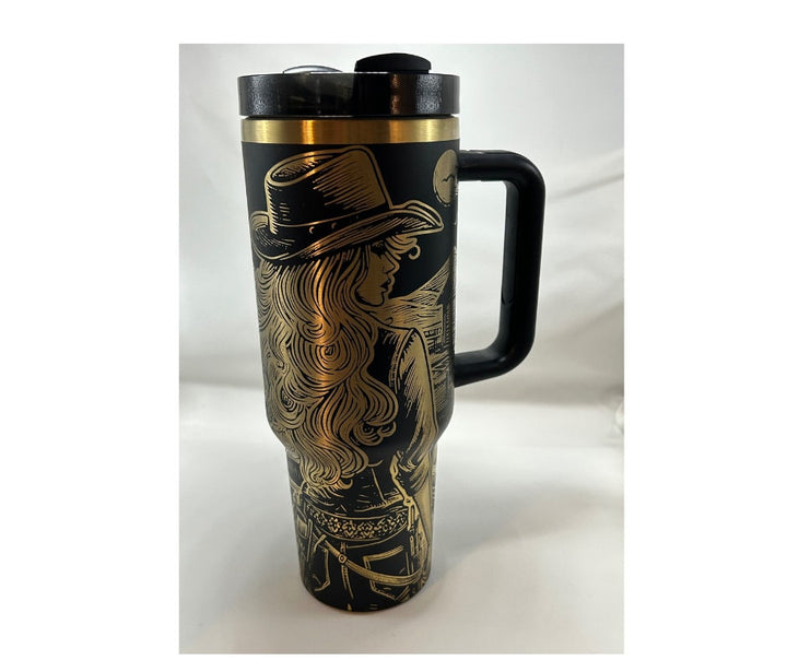 40oz Custom Black/Copper Cowgirl Laser Engraved Tumbler, Insulated Tumbler, Stainless Steel Tumbler, Tumbler with Straw