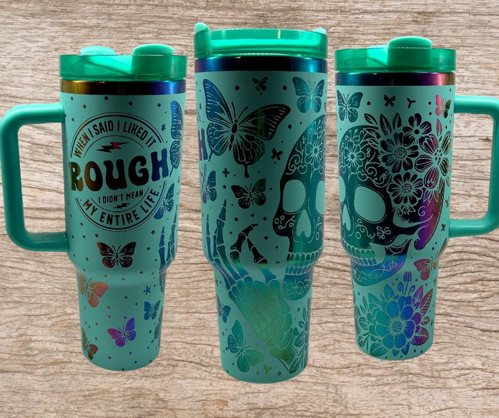 40oz Custom Rough Life with Skull 40oz Laser Engraved Tumbler, Stainless Steel Tumbler, Tumbler with Straw, Double-walled Insulated