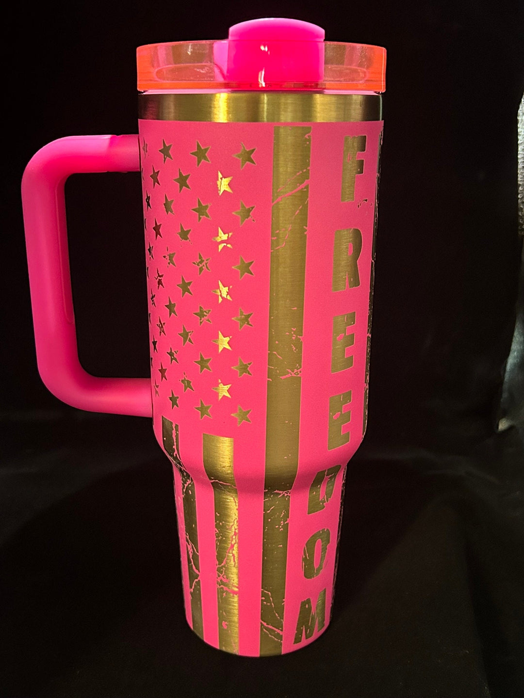 40oz Custom Pink and Copper Freedom American Flag Laser Engraved Tumbler, Stainless Steel Tumbler, Tumbler with Straw, Vacuum Insulated